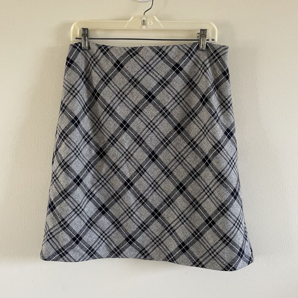 Talbots Wool Blend Plaid Mini Skirt Size 8 Lined Side‎ Zipper Black Gray A Line